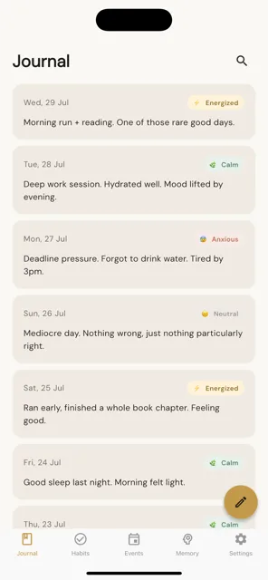 Koro Mi journal list with mood tags